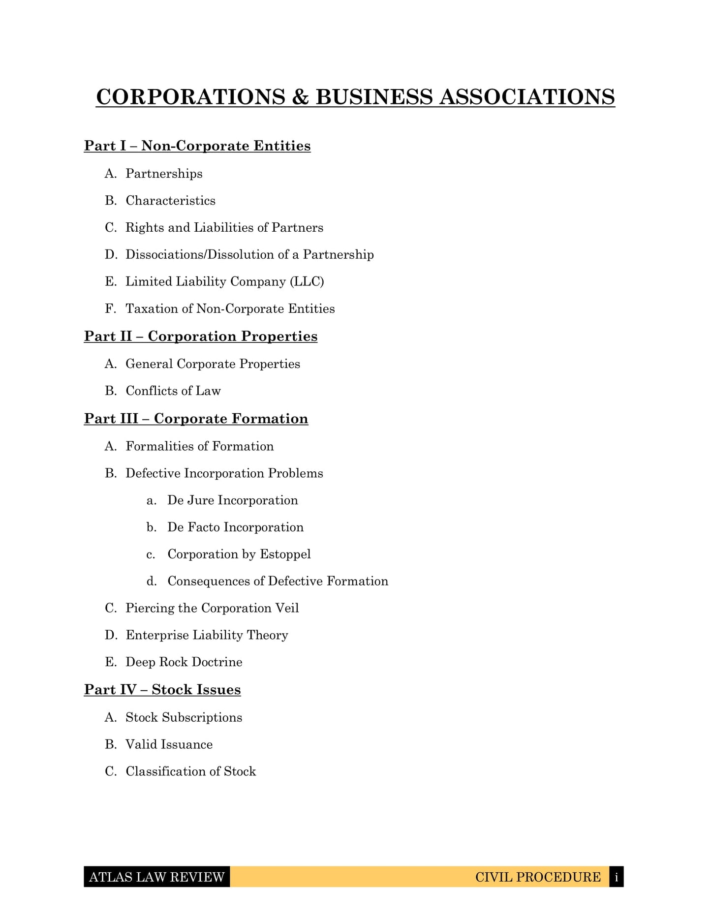 Corporations & Business Associations Law Outline for Law School and California Bar Exam