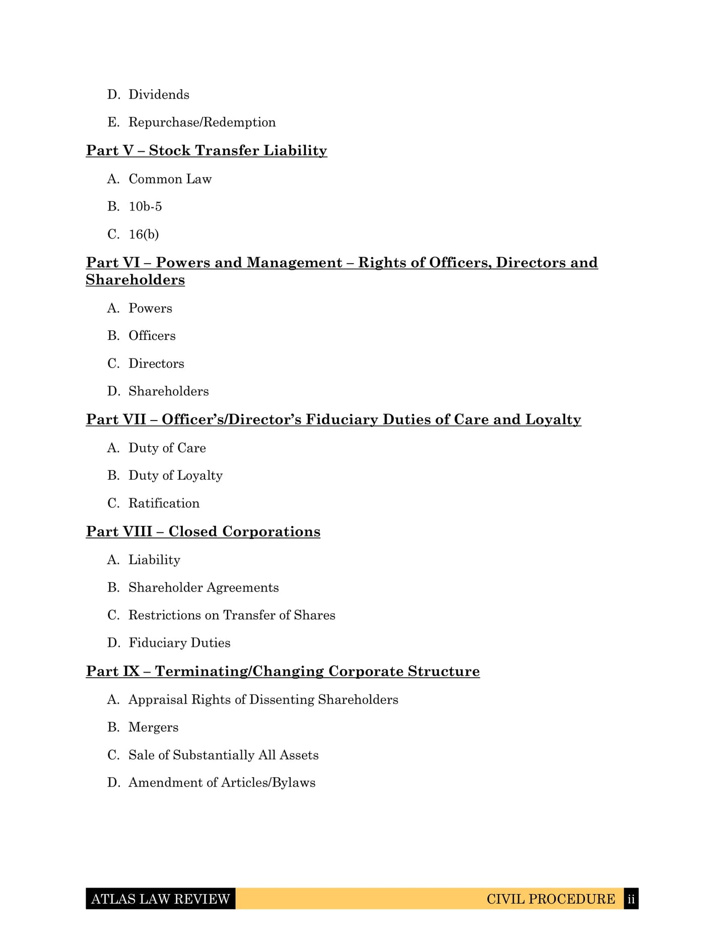 Corporations & Business Associations Law Outline for Law School and California Bar Exam