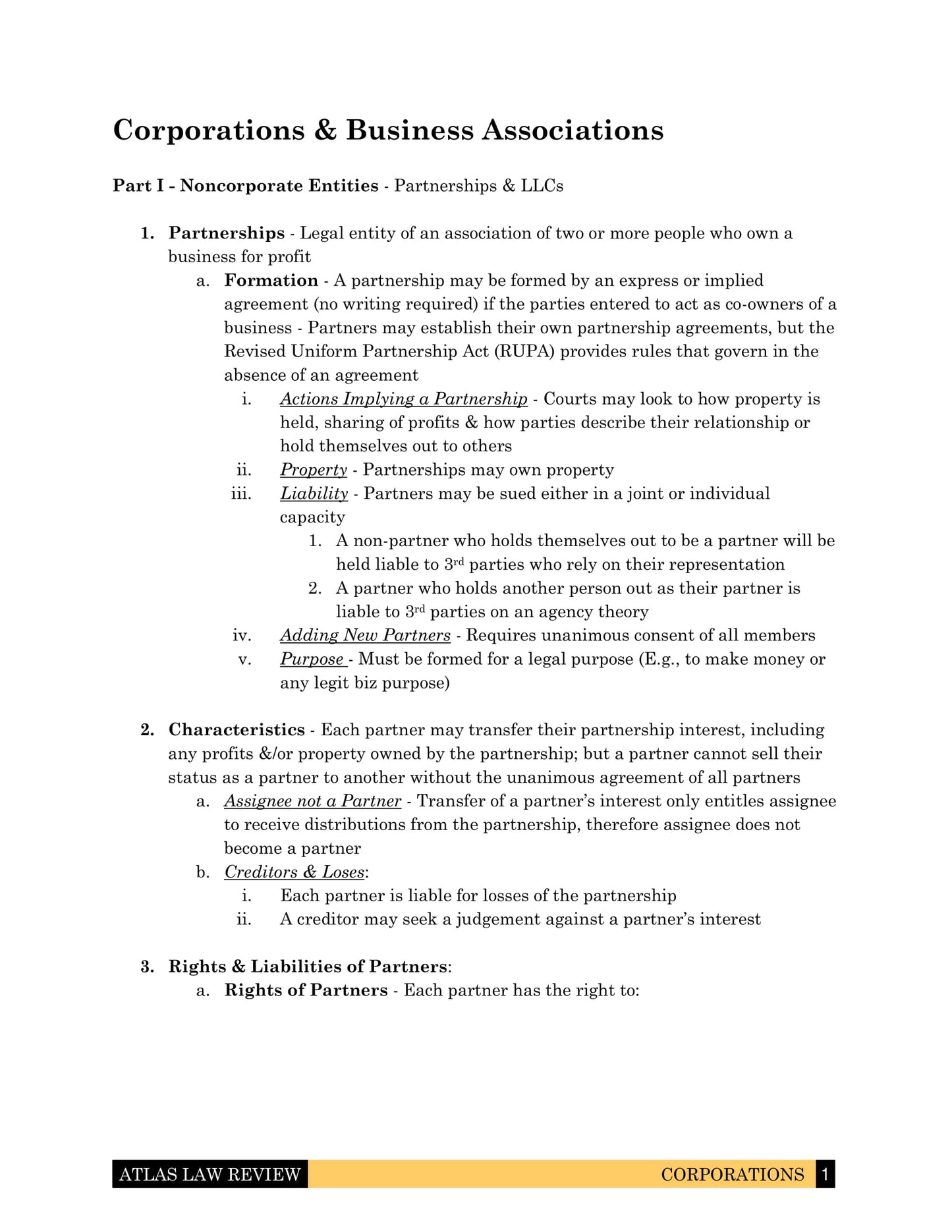 Corporations & Business Associations Law Outline for Law School and California Bar Exam