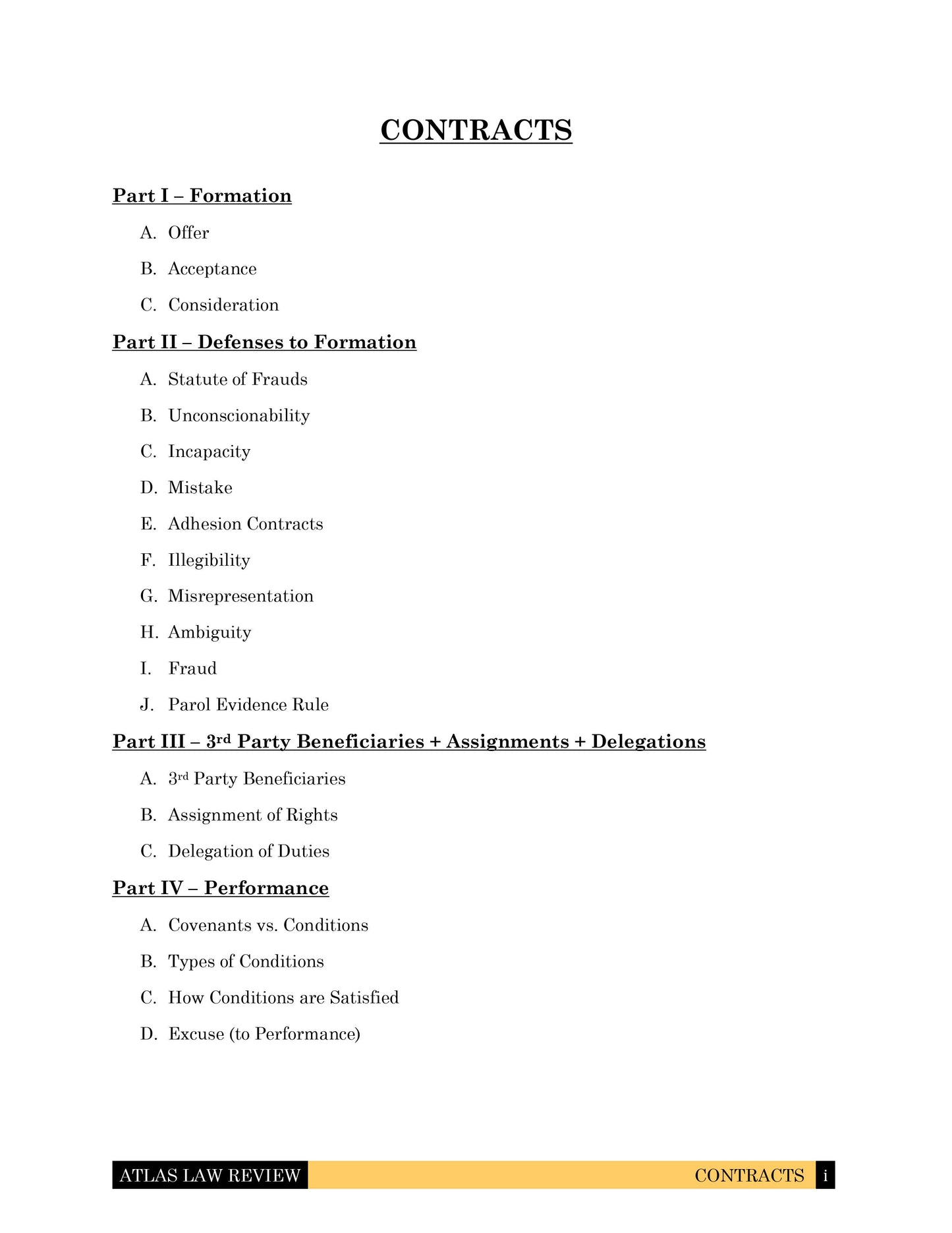 Contracts I & II Law Outline for Law School, California Bar Exam and First Year Law Student Exam