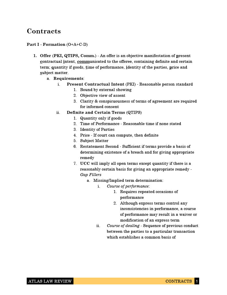 Contracts I & II Law Outline for Law School, California Bar Exam and First Year Law Student Exam