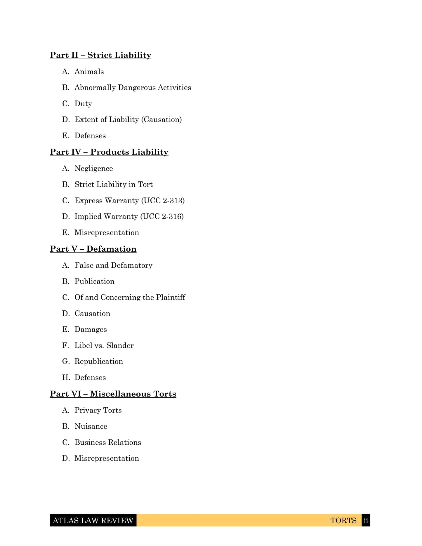 Torts I & II Law Outline for Law School, California Bar Exam and First Year Law Student Exam