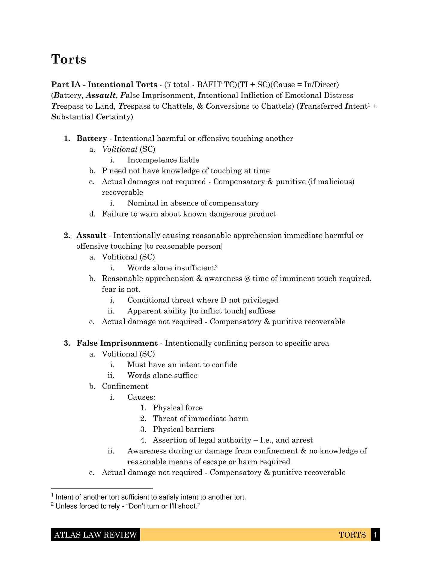 Torts I & II Law Outline for Law School, California Bar Exam and First Year Law Student Exam